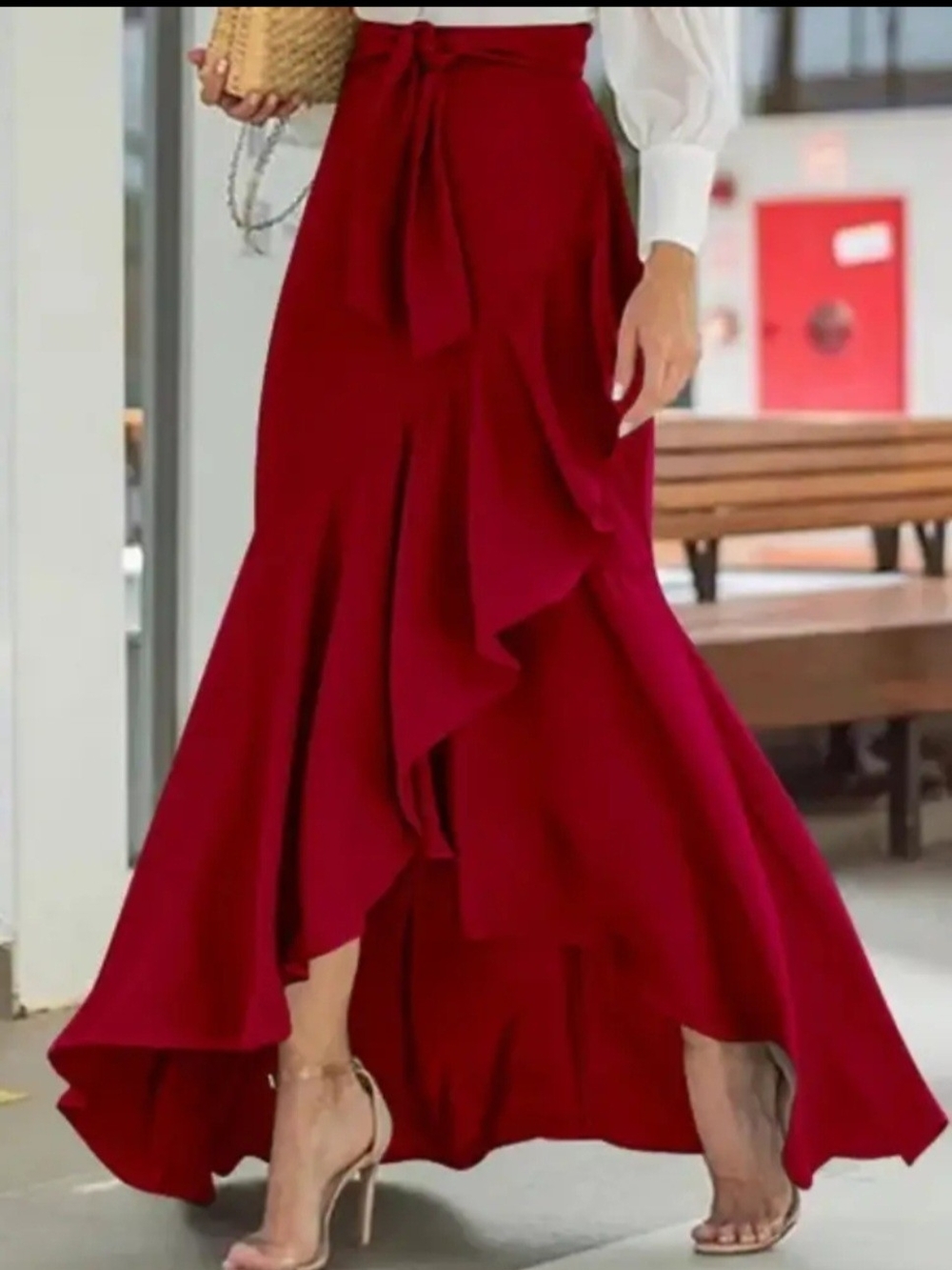 High-Low Ruffle Maxi Skirt with Waist Tie in Red